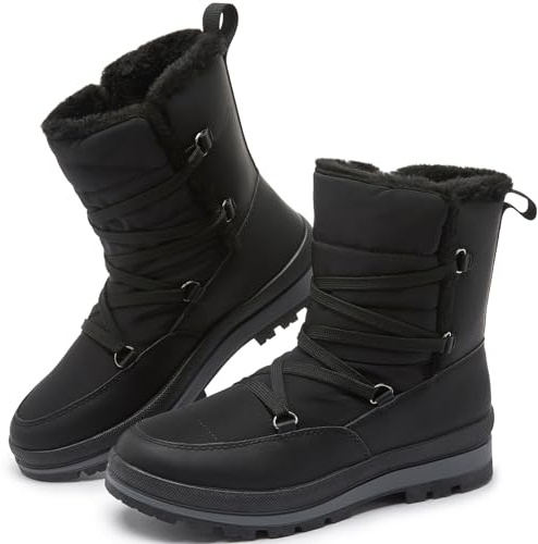 Rominz Women's Winter Snow Boots - Waterproof, Fur Lined, Warm Mid Calf Boots for Women - Non-Slip Ankle Boots with White Lace-Up Platform (Black, US8)