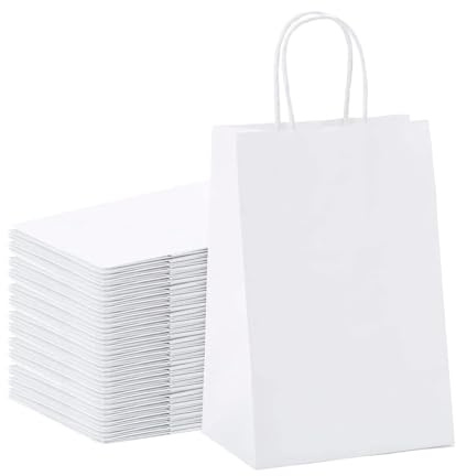 Deliex. 50 Bolsas para regalos de papel kraft blancas con asas, 23,8 cm de ancho x 31,8 cm de alto x 11 cm de fondo, bolsas de papel para tiendas y comercios (50, BLANCAS)