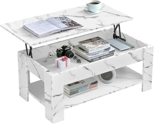 Blisswood Coffee Table with Storage, Lift Up Coffee Tables for Living Room, Wooden Coffee Table with 1 Shelf Large Hidden Storage Modern Rectangular Sofa End Lift-Top Tea Table Furniture, White Marble