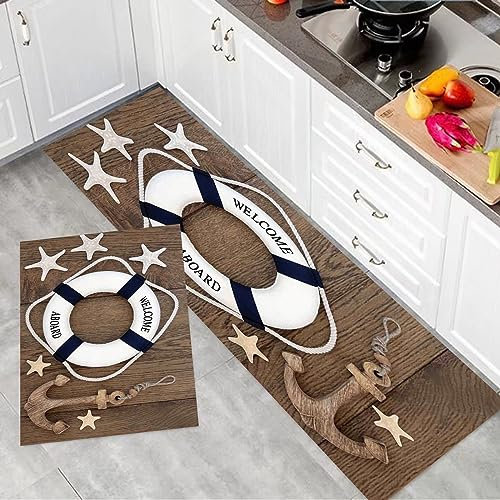 2 Stück Küchenmatte Waschbar rutschfest Küchenmatte,Anker, Rettungsring Anker Seestern Muscheln über alte Eiche Hintergrund Mar,Teppiche Mit Staubdicht Für Küche Wohnzimmer, Esszimmer (45x70+45x120cm)