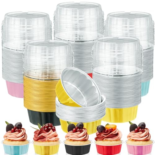 Paquete de 100 ramequines desechables con tapas, 236.8 ml, papel de aluminio para magdalenas, moldes desechables para magdalenas, tartas, queso, catering, bodas, fiestas (multicolores)