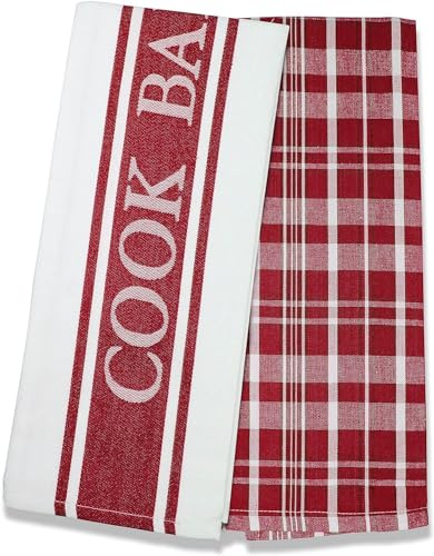 QCS Home - Vintage Herringbone Stripe Pattern and Check Weave Tea Towels Set, 100% Ring Spun Cotton, Super Absorbent and Premium Construction Kitchen Dish Cloth 50 x 76 cm (Red Jacquard, 2)