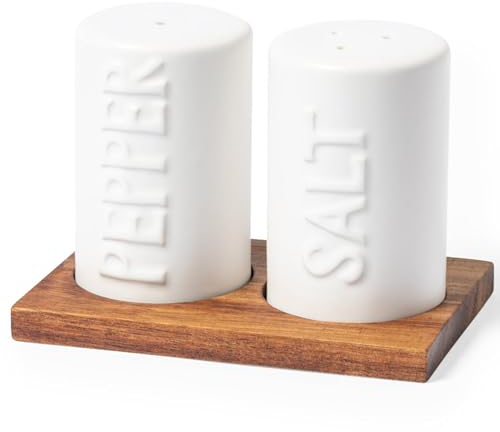 noTrash2003 Salero y pimentero de cerámica blanca en soporte de madera de acacia, aspecto mediterráneo, mesa cubierta, utensilios de cocina, 100-5976