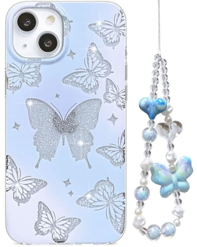 Efitoo for iPhone 15 Case Glitter Butterfly Design Cute Clear with Strap Wrist Bling Sparkle Purple Blue Aesthetic Protective Glossy Phone Cover Women Girls (for iPhone 15)