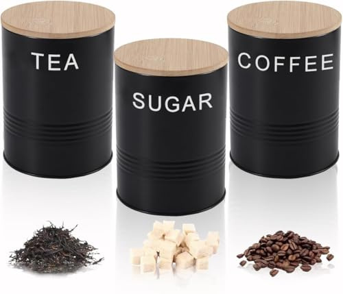 AYSUM Tea Coffee & Sugar Canisters Set of 3, Kitchen Storage Tins Storage Jar Container Set With Airtight Bamboo Lid, Black - Round Jars