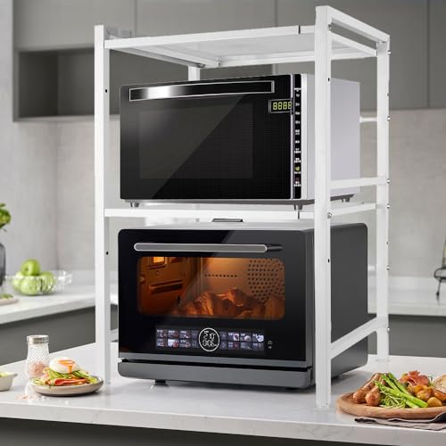 Mikrowellenregal 3 Stufiges Mikrowellen Halter Organizer mit Haken, Erweiterbares Mikrowellen Regal, Ausziehbares Mikrowellen Regal 40-64cm, aus Kohlenstoffstahl (3 Etagen,Weiß)