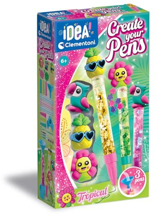 Clementoni - Idea Laboratorio De Bolis Tropical - Kit Creativo Estilo Boligrafos Fantasiosos, 3 Bolígrafos Personalizados, Colores, Brillantinos, Manualidades, Juego Creativo Niñas 6 Años, 18790