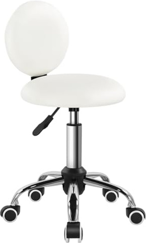 FURWOO Sgabello rotante rotondo con schienale Sgabello da lavoro in pelle PU su ruote Sedia di bellezza con ruote Sgabello girevole per barbiere (bianco)
