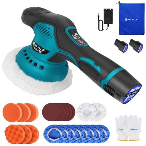 Mini Akku Poliermaschine Exzenter Auto Polierer mit 8 Variable Geschwindigkeit, Polierteller/Polierschwamm/Wollscheibe/Schleifpapier, zum Wachsen Polieren von Auto, Möbeln