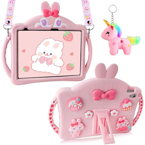 Vunake Coque pour iPad (A16)11ème/iPad 10ème Génération 2025/2022 11/10.9 Antichoc Protection Coque ipad 10eme Generation avec Sangle Ajustable/Support Pliable/Poupée Licorne/Poignées Latérales-Rose