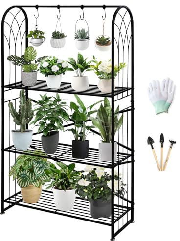 3 Etagen Blumenregal Pflanzenregal Höhenverstellbarer, 130.5cm Blumenständer Metall Schwarz für Mehrere Pflanzen, Pflanzentreppe Blumentreppe Pflanzenständer Gartenregal für Indoor Outdoor Wohnzimmer