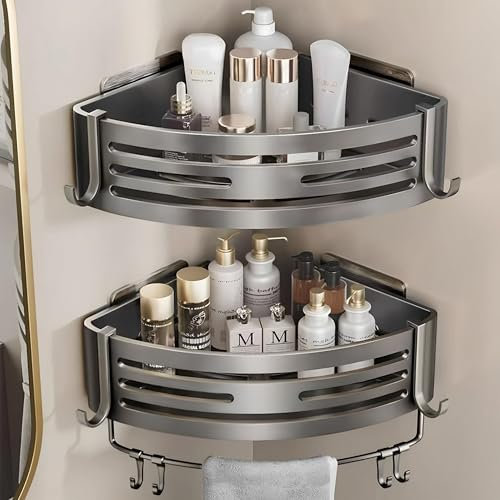 MZSX 2 Piezas Estante de Ducha esquinero de, Adhesivo Estanteria Ducha Esquina Sin Taladro, Estante de Ducha de Aluminio Viene con 4 Ganchos de sobra, Accesorio de baño Estante para champú