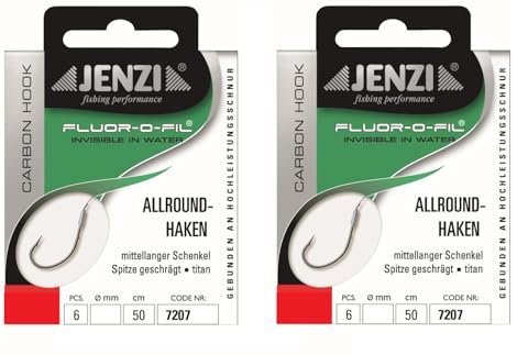 Set: 2 Packungen JENZI gebundene Allroundhaken Angelhaken (12 Stück), an Fluor Carbon, Vorfach fertig 50cm Hakengröße 4, 6, 8, 10, 12 + gratis Petri Heill! Aufkleber (Hakengröße 8)