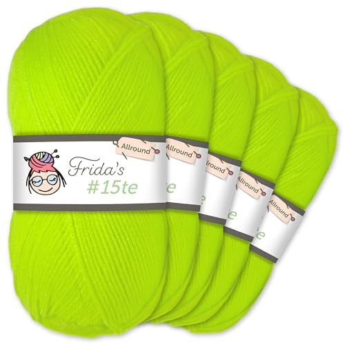 Frida's Wollhaus Frida's 5 x 100 g #15te Allround Basic Garn Babygarn Wolle Stricken Häkeln weich 45 Farben (79 | Neongrün)