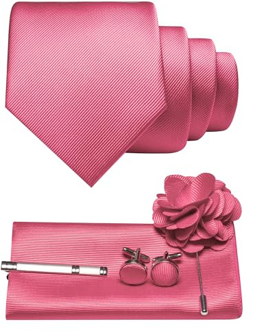 JEMYGINS Corbata de sarga para hombre con diseño monocolor, incluye gemelos cuadrados de bolsillo, pinza de corbata y broche de flores, set de regalo para fiestas, negocios, bodas