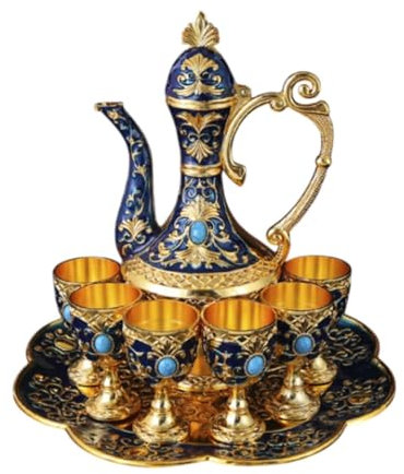 F Fityle Tasse à café Turque, Ensemble de théière à café Turc, Service à thé, Kits de Pots à vin européens, pichet en Verre à vin en métal pour Salon, Bleu