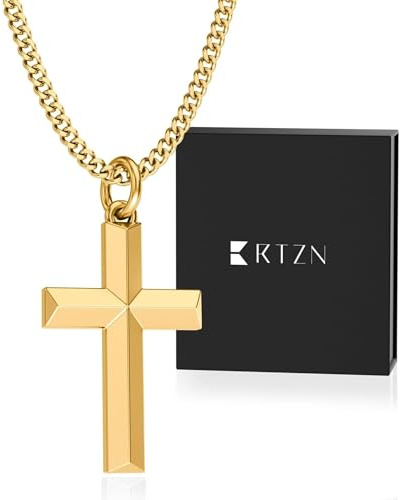 RTZN® Gold Cross Necklace For Men – 18K Mens Gold Cross Necklace – Non-Tarnish, Fade-Proof & Waterproof Pendant Necklaces for Boys with 2mm Curb Chain – 22 Inches