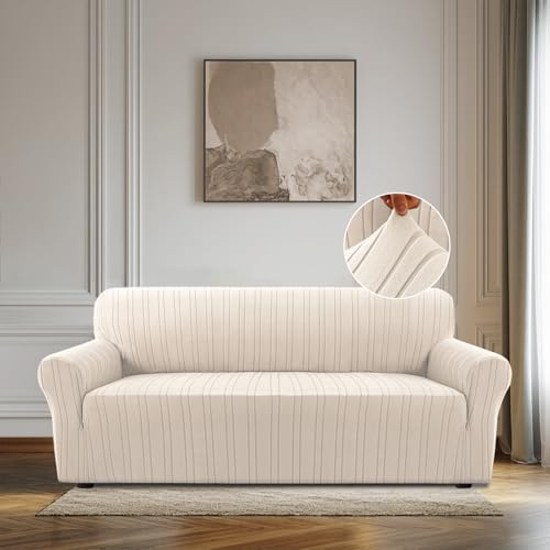 BellaHills Elastische Sofabezug 3 Sitzer (185-215CM), High Stretch Couchbezug Sofaschoner rutschfest für Hunde Haustiere, Natürlich