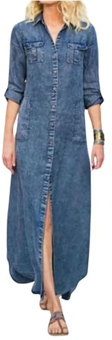utcoco Damen Denim-Hemdkleid, Vintage, Revers, langärmelig, lässig, Knopfleiste, Maxi-Jeanskleider, Hell, blau, X-Groß