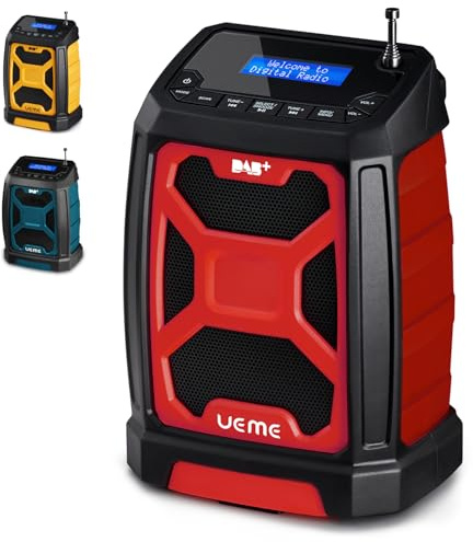UEME 5W DAB/DAB+ FM Cordless Work Site Radio, Bluetooth, USB Rechargeable, Red/Black