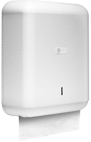 Dispensador Papel secamanos, hasta 600 Toallas de Papel Zig Zag de Capacidad, Fabricado en ABS, Blanco Resistente, Incluye Llave de Seguridad para reponer en baños públicos