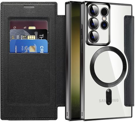 IMEIKONST für Samsung Galaxy S23 Ultra Hülle Flip Kartenfach Schwarz JDCX | RFID-Blockierung Kartenfächer Brieftasche, Premium PU Leder Tasche Handyhülle, Magnetische Transparente Rückseite Schutzhülle