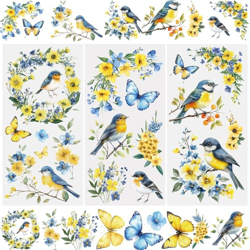 WANDIC 3 Sheets Rub On Transfer Stickers, Yellow Flower Bird Waterproof Decals Furniture Craft Decorative for DIY Scrapbooking Photo Albums,15 * 30cm