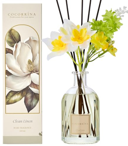 COCORRSTENNA Blomma rumsdoft med 8 doftpinnar 250 ml, rena liner, naturlig, långvarig, hemdoft för vardagsrum, sovrum, badrum hylla dekor
