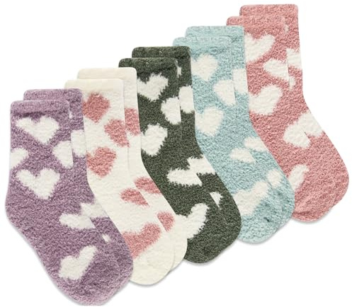 GFUEIGJ Kuschelsocken Damen 5 Paar Schlafsocken Damen Flauschsocken Thermo Flauschige Kuschelsocken für Zuhause Schlafen Reisen (Herz-Muster)