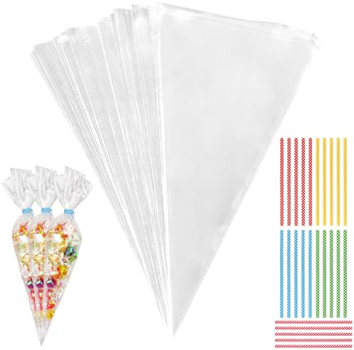 JIUBULUJIU 150 sacchetti per caramelle, 25 x 13 cm, sacchetti regalo, sacchetti di cellophane trasparenti con 150 Twist Ties, piccoli sacchetti per caramelle, cioccolato, biscotti, pane