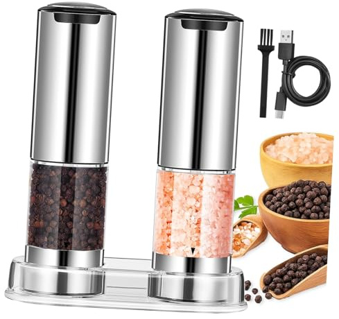 Uonlytech 2 Pièces Moulin Électrique pour Assaisonnement Mouture Acier Inoxydable Set Base Broyeur Épices Robuste et Transparent Adapté Cuisine