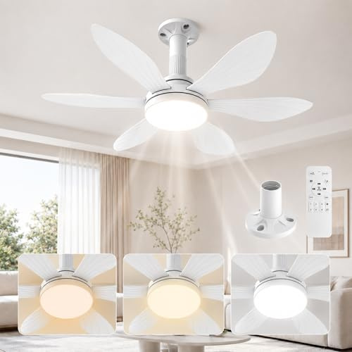 Hisummer 71cm Ventilador de Techo con Luz y Mando, Conexión E27 Solo con Base Incluida, Instalación Rápida, Pequeño Ventilador Techo Silencioso para Dormitorio, Salón y Cocina, Reversible Motor DC