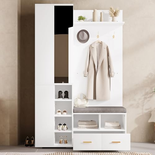 Easexcy Garderobenset Wandgarderobe,Flurschrank mit Spiegel, Kleiderstange,Schuhbank mit durchbrochenem Regal,3 Haken,2 Schubladen und Ablagefach,120x35x190cm