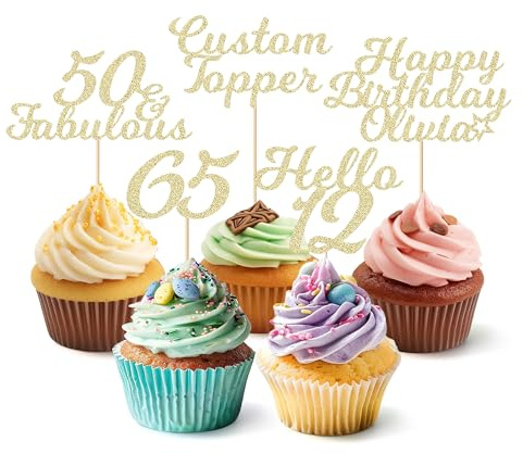 EDSG Personalised Cupcake Toppers, 6pcs Birthday Cupcake Toppers with Any Text, Custom Glitter Cake Decorations Party Supplies for Birthday, Wedding, Baby Shower, Anniversary (Champagne Gold)