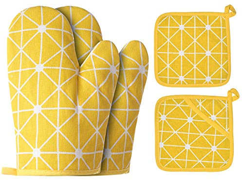 Win Change Oven Mitts and Potholders BBQ Gloves-Oven Mitts and Pot Holders with Recycled Infill Silicone Non-Slip Cooking Gloves for Cooking Baking Grilling (4-Piece Set,Yellow)
