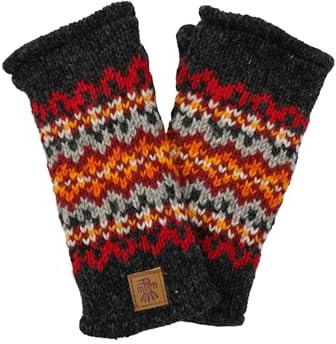 Kvinnor ull handvärmare fleece fodrad handstickad Fair Isle flerfärgad en storlek handgjord extra varm Pachamama Fair Trade, Träkol, M