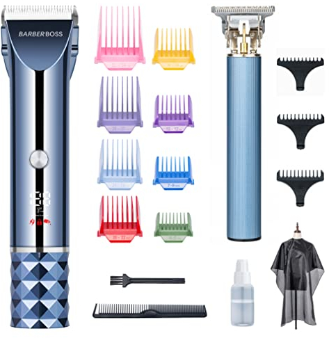 Barberboss Haarschneidemaschine, Bart- und Haarschneider-Set für Herren, T-Klingen-Trimmer aus Keramik und Titan, 8 farbige Kammaufsätze, kabellos mit USB-Aufladung, QR-2681