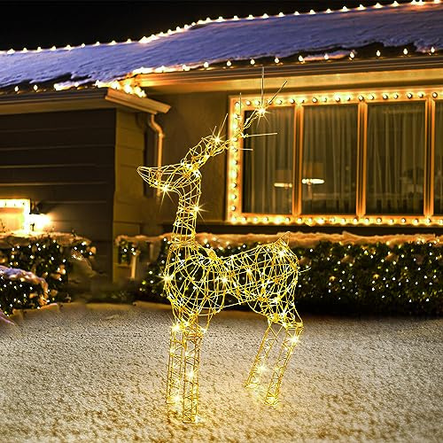 Joomer 240 LED Reno de Navidad Iluminado, 85CM Familiar Ciervo Con Luces, 8 Modos Metal Reno Exterior Blanco Cálido Con Temporizador para Césped Interior Sala Decoración