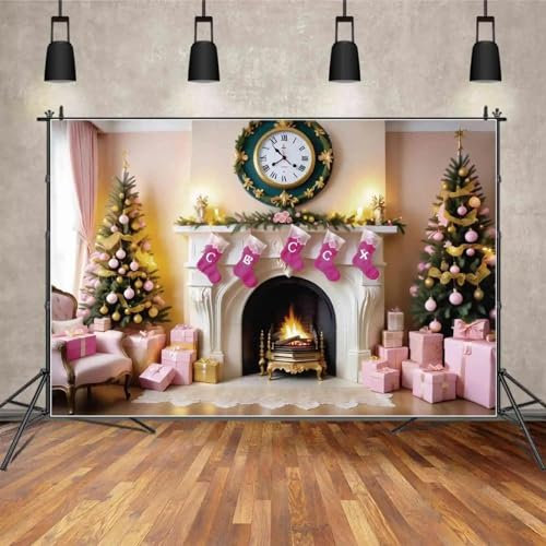 Hintergrund Weihnachtskamin Uhr Baum für Heimdekorationen Hintergrund Neuheiten rosa Ornamente Artikel Fotografie Requisiten 240X180cm