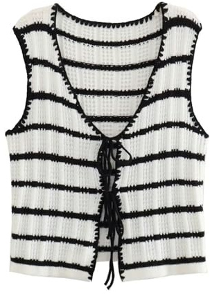 Sommer-Set aus gehäkeltem, gestreiftem Westentop + gestreifter Strickhose – Weste – M