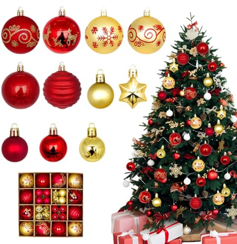 44 Stück Weihnachtskugeln Set, Weihnachtsbaum Kugeln, Weihnachtskugeln Rot+Gold Premium Christbaumkugeln Kunststoff, Bruchsicher & Mehrweg (∅ 3-6cm)