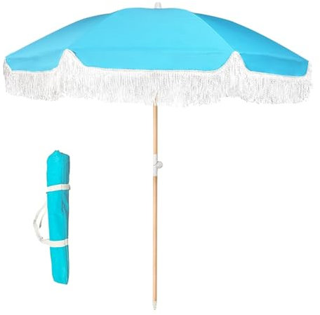 Sljovexity Parasol De Terrasse Exterieur Protection UPF50+ Etanche, Parasol De Plage Anti UV Et Vent, Parasol De Balcon Inclinable sans Base, Parasol Vintage À Franges Ronde, pour Marché, Piscine