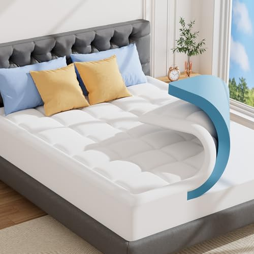 ABENE Double Memory Foam Mattress Topper for Back Pain Relief, Mattress Topper Double Bed with Extra Deep Pocket, Washable Pillow Top Cover with OEKO-TEX & CertiPUR-US (White, 135x190cm)