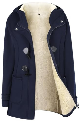 Wyeysyt Duffle-coat en polaire avec doublure Sherpa pour femme - Veste d'hiver chaude à capuche avec bouton en corne - Vêtement d'extérieur décontracté, bleu marine, Small