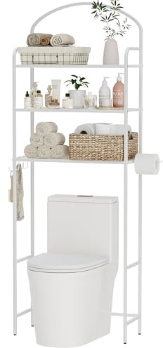 Cerlyunzan Over The Toilet Storage Rack, 3 Tier Bathroom Organizer with 4 Hooks & Paper Holder, Space Saver Metal Shelf for Bathroom Supplies, White Toilet Rack