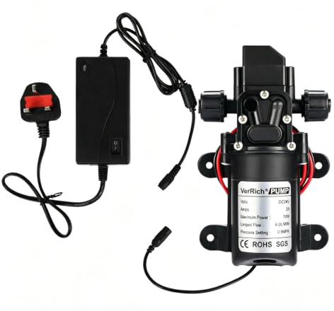 VerRich 24 V vattenpumpar 131 PSI membranpump med strömförsörjningsadapter för vattenkran, husbil, husvagn M 18 x 1,5 mm kontakter