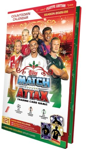Topps UCC Match Attax 2025/26 - Countdown Calendar - 121 Match Attax cards including 96 all-new festive parallels, 24 new-look Festive Squadzone cards and 1 guaranteed Infinity card!