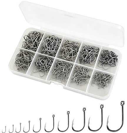 200pcs Fishing Hooks Set, High Carbon Steel Barbed Carp Hooks Size 5-14, Ultra Sharp Sea Fishing Hooks with Ringed Eye, Assorted Fishing Tackle Kit with Storage Box for Saltwater & Freshwater