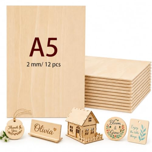 12 PCS A5 Plywood Sheets, 2mm Thin Basswood Sheets, Unfinished Wood Boards for Crafts, Smooth Easy to Cut Craft Wood for DIY, Painting, Staining, Engraving and Model Making(148 x 210mm)