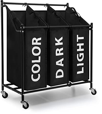 Mondeer Laundry Baskets Laundry Sorter on Wheels Laundry Bin with 3 Removable Fabric Bags Metal Frame, 3 x 45 L Black